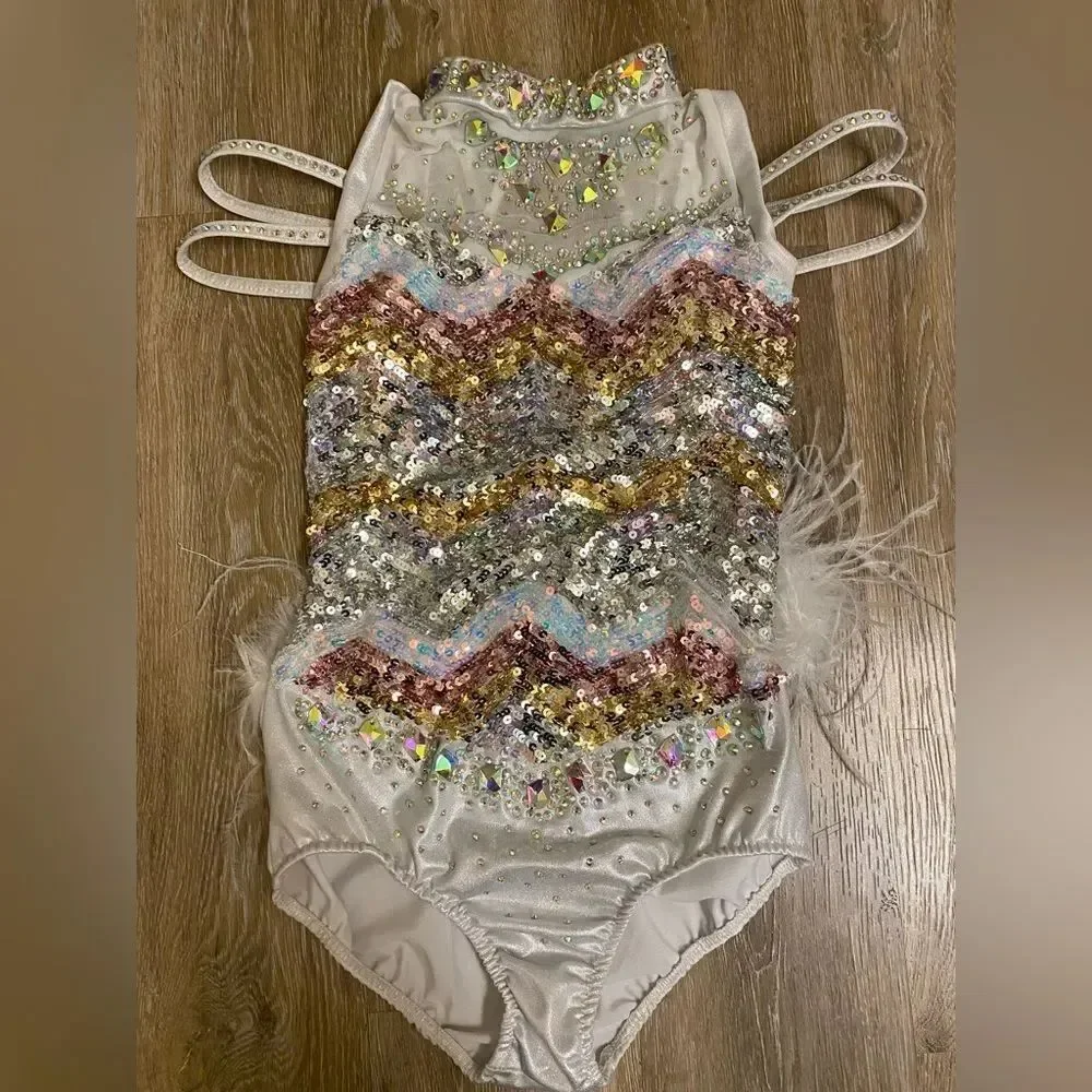Glamour solo dance costume jazz sassy silver sequin rhinestoned feather SA adult